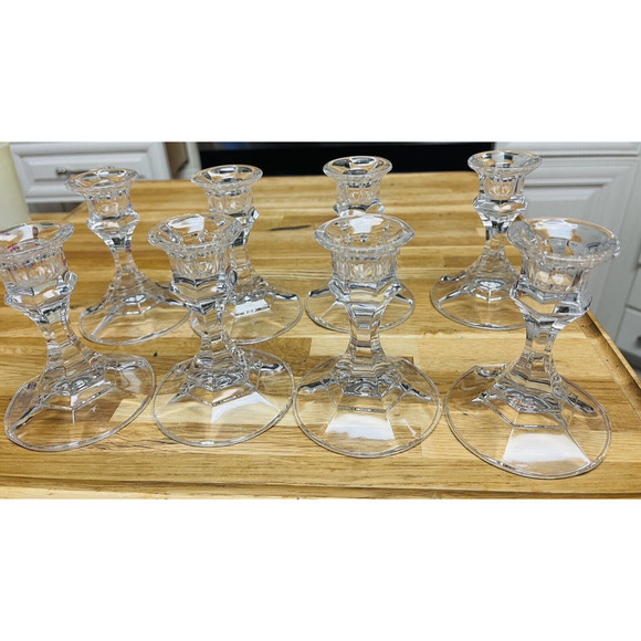 9 Clear Glass Taper Candlestick Holders 4" tall Weddings Birthdays Holidays - Picture 1 of 8